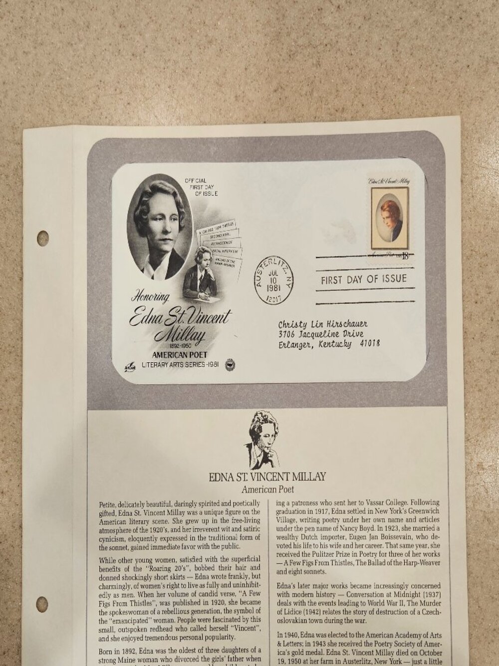 RARE COLLECTIBLE USPS 1ST DAY ISSUE COVER EDNA ST VINCENT MILLAY STAMP ENVELOPE